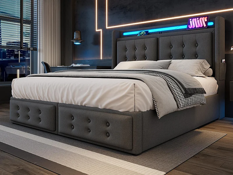 Lit coffre 180x200cm en tissu lin - avec LED et Ports de recharge - Gris