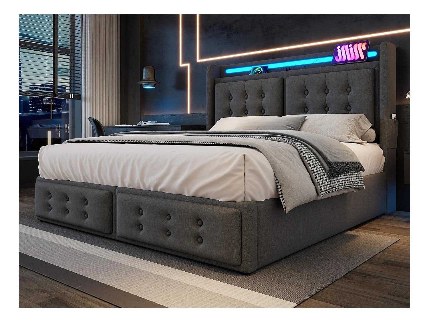 Łóżko z pojemnikiem 180x200cm z tkaniny lnianej - z LED i portami ładowania - Szare