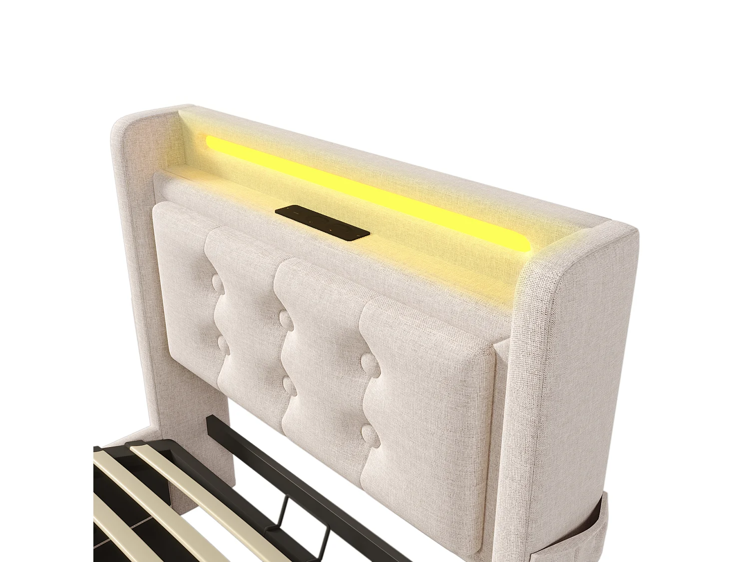 Lit coffre 160x200cm en tissu lin - avec LED et Ports de recharge - Beige