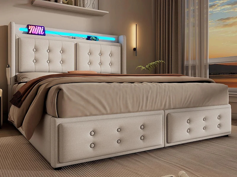 Lit coffre 160x200cm en tissu lin - avec LED et Ports de recharge - Beige