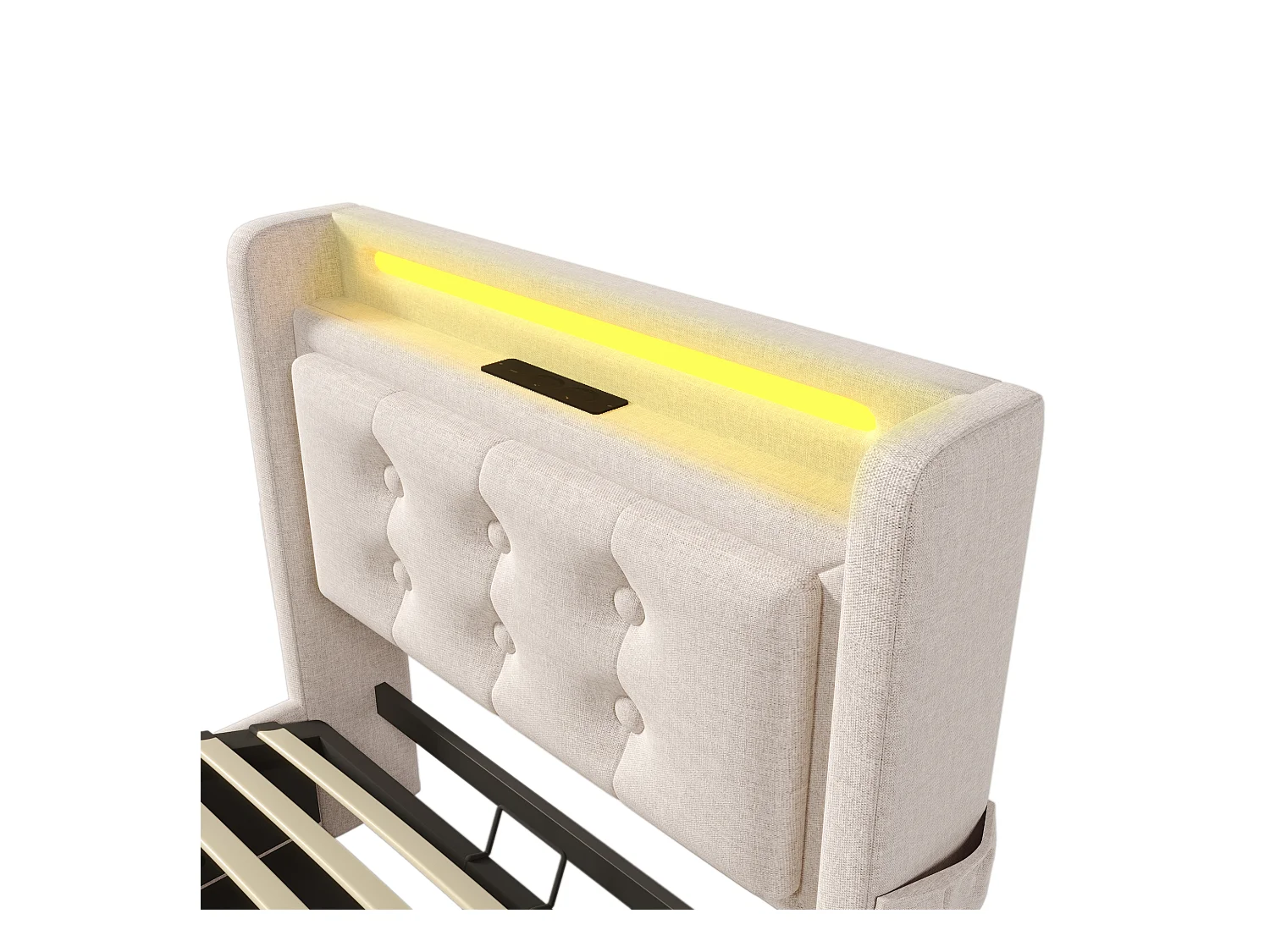 Lit coffre 140x200cm en tissu lin - avec LED et Ports de recharge - Beige