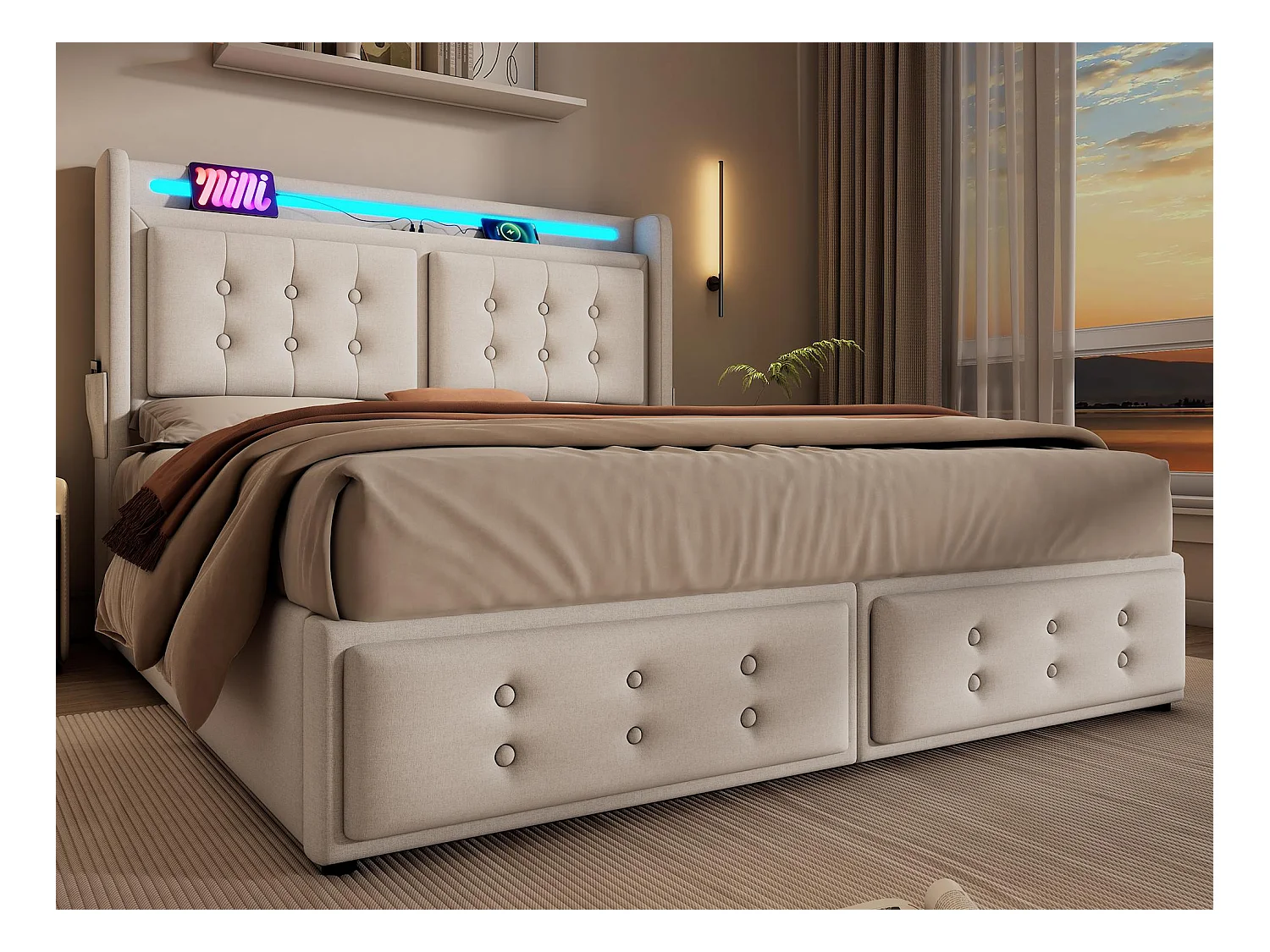 Lit coffre 140x200cm en tissu lin - avec LED et Ports de recharge - Beige