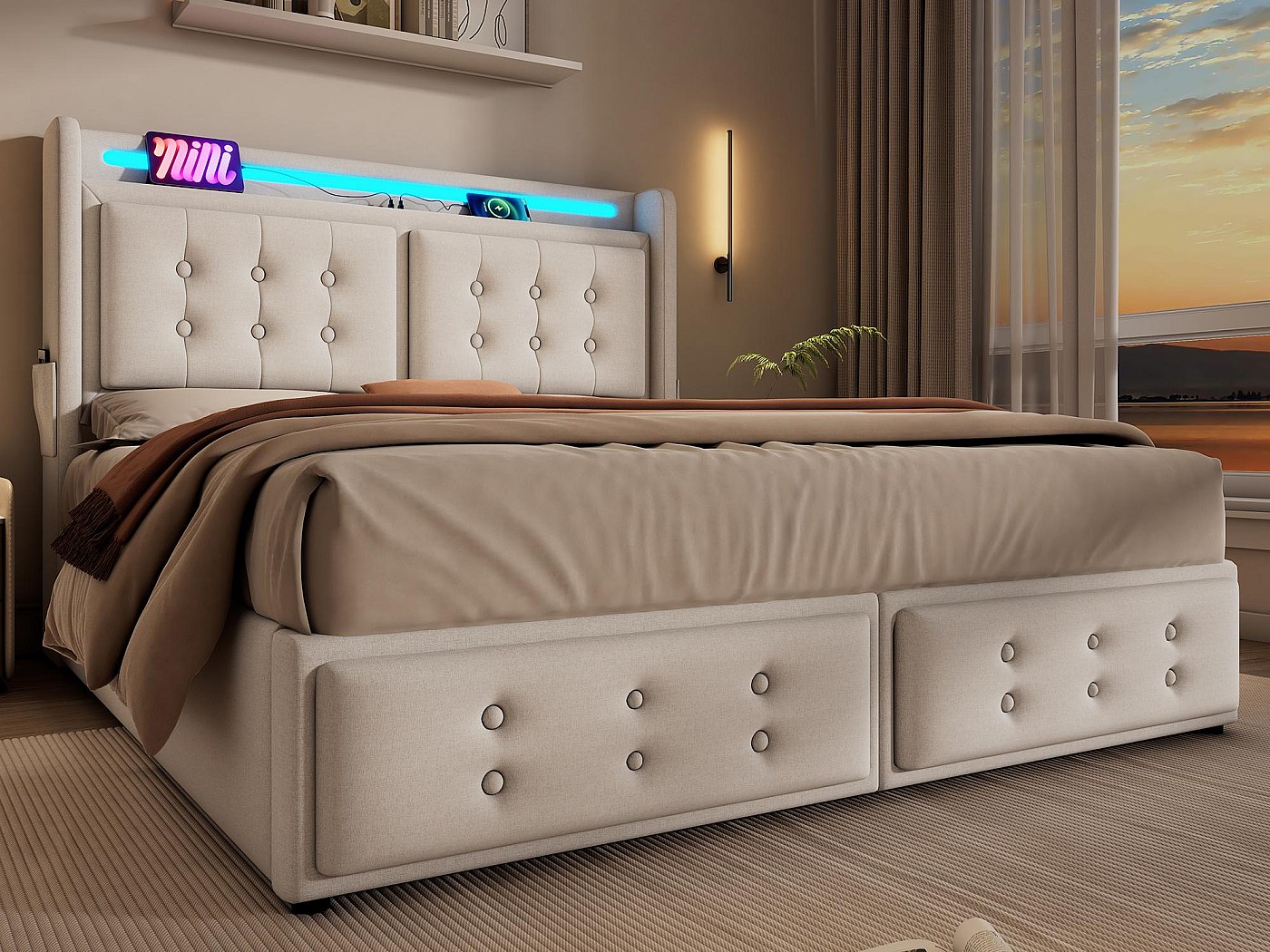 Letto contenitore 140x200 cm in tessuto di lino - con LED e prese di ...