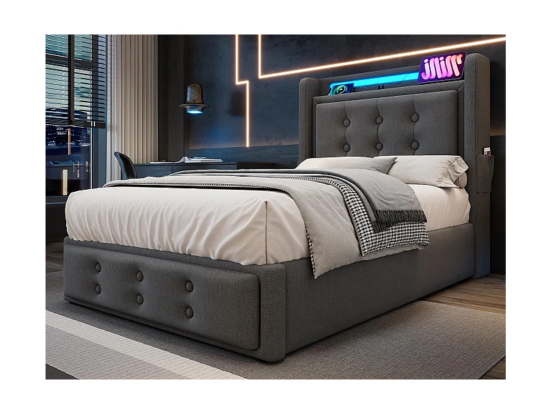 90 x 200 cm großes Stauraumbett aus Leinenstoff – mit LED und Ladeanschlüssen – Grau