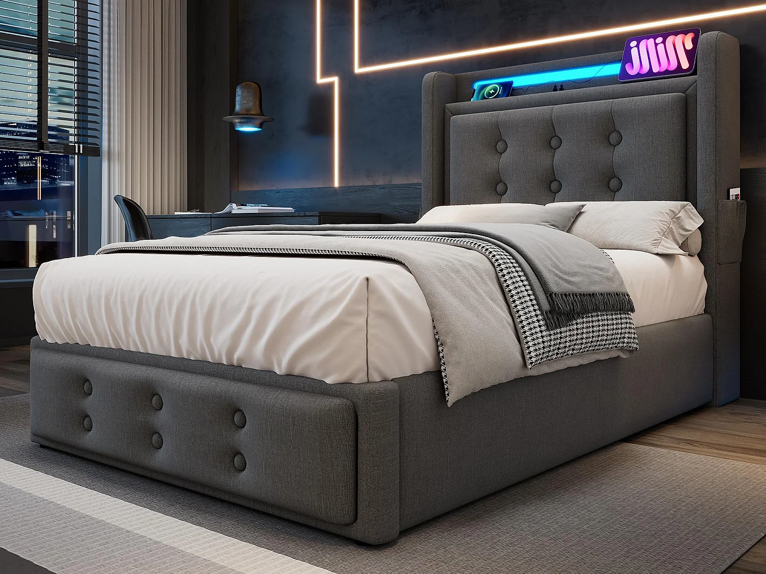 Lit coffre 90x200cm en tissu lin - avec LED et Ports de recharge - Gris