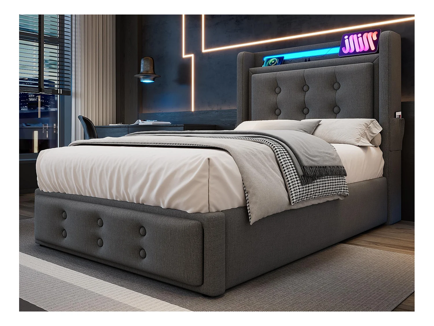 Lit coffre 90x200cm en tissu lin - avec LED et Ports de recharge - Gris