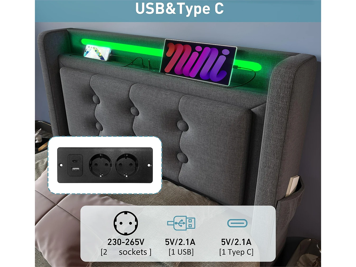 Łóżko z pojemnikiem 90x200cm z tkaniny lnianej - z LED i portami ładowania - Szare