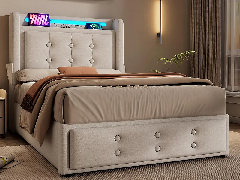 Letto contenitore 90x200 cm in tessuto di lino - con LED e prese di ricarica - Beige