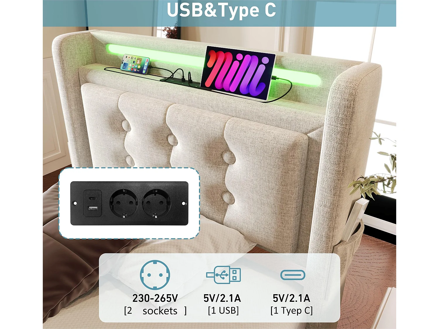 Letto contenitore 90x200 cm in tessuto di lino - con LED e prese di ricarica - Beige