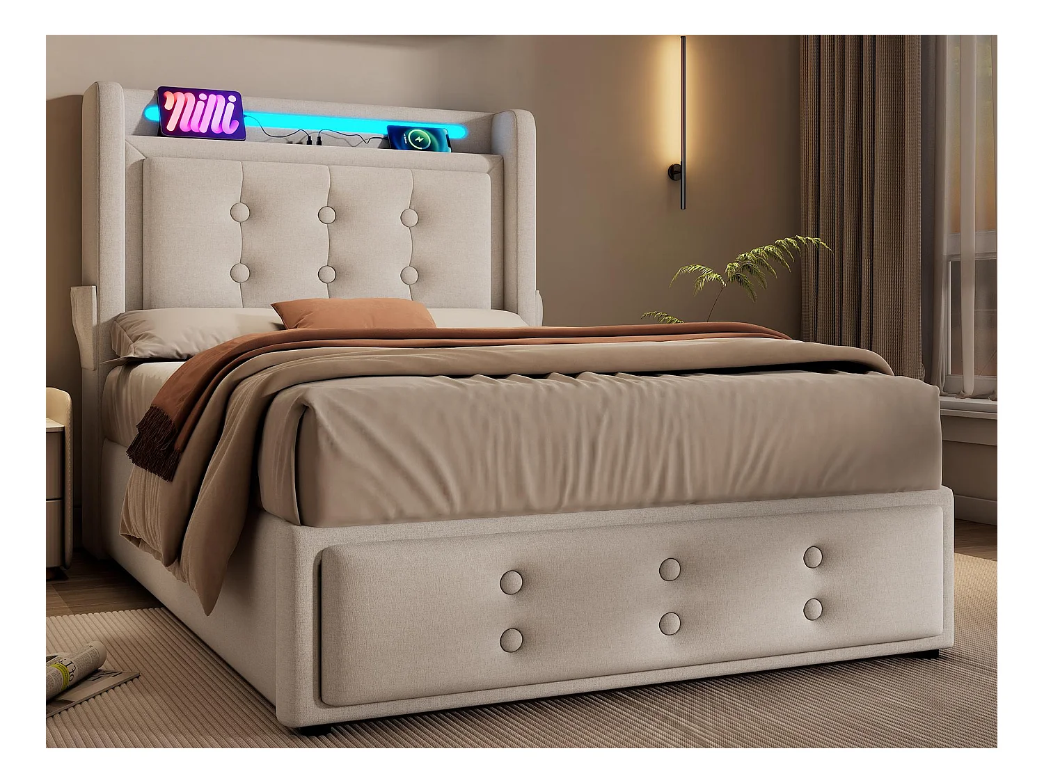 Lit coffre 90x200cm en tissu lin - avec LED et Ports de recharge - Beige
