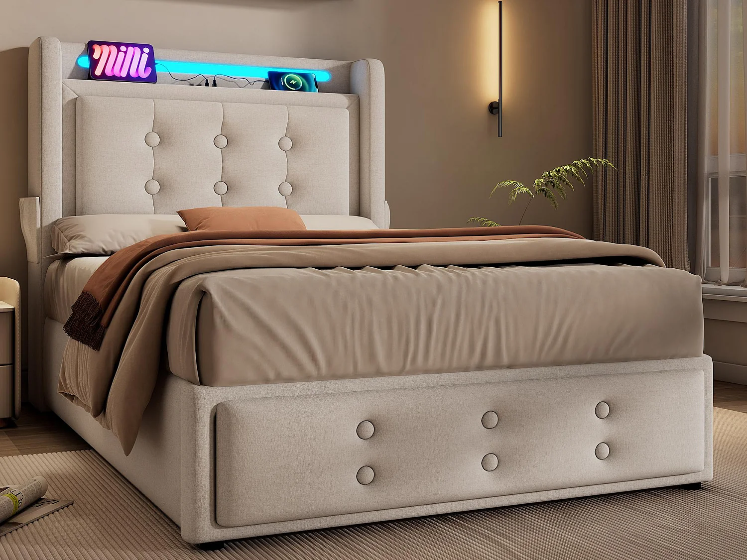 Opbergbed van 90x200cm in linnenstof - met LED en oplaadpoorten - Beige