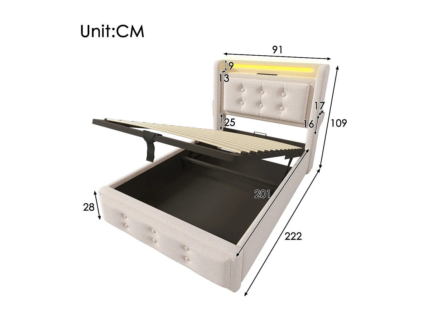Opbergbed van 90x200cm in linnenstof - met LED en oplaadpoorten - Beige