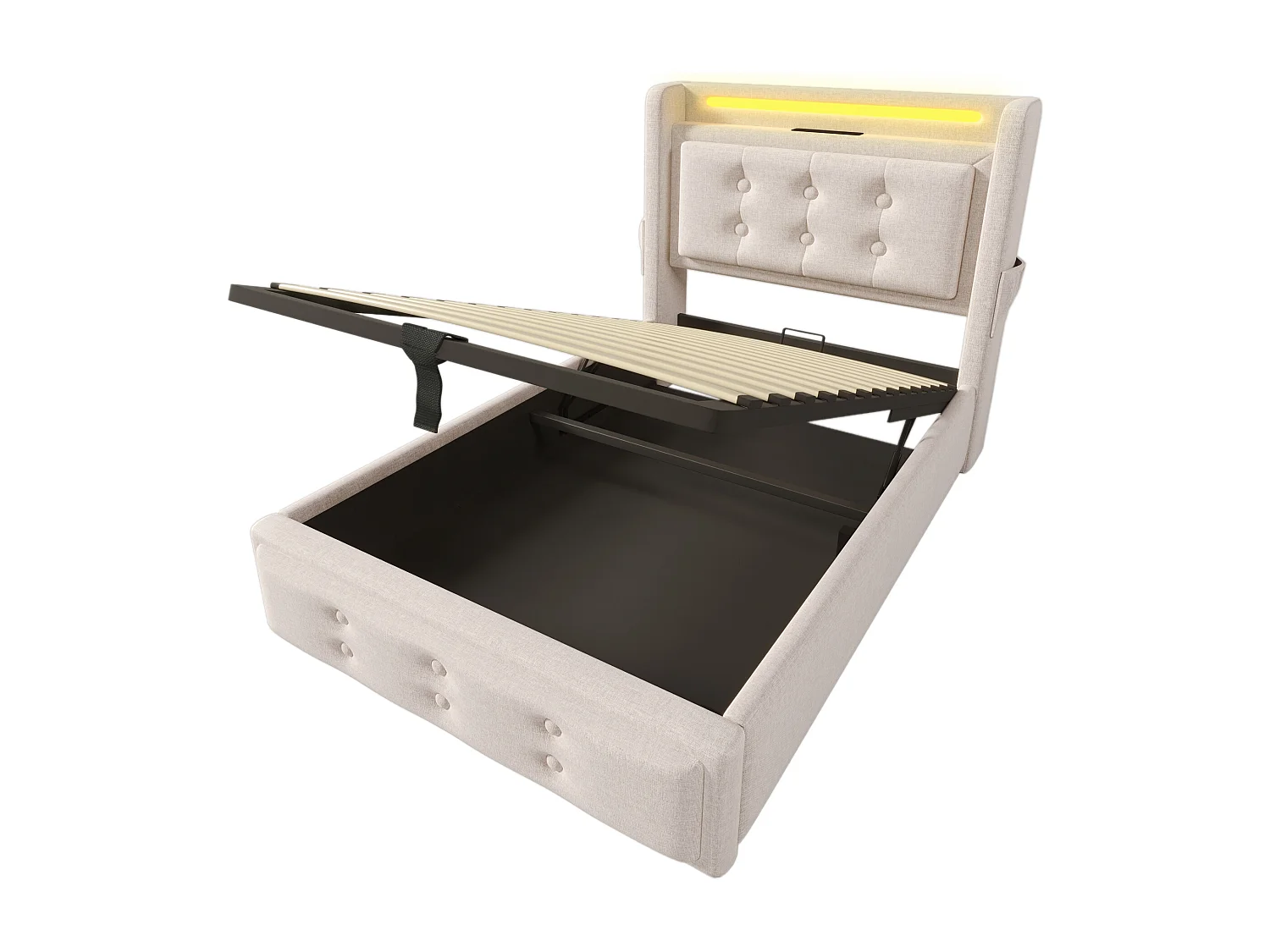 Opbergbed van 90x200cm in linnenstof - met LED en oplaadpoorten - Beige