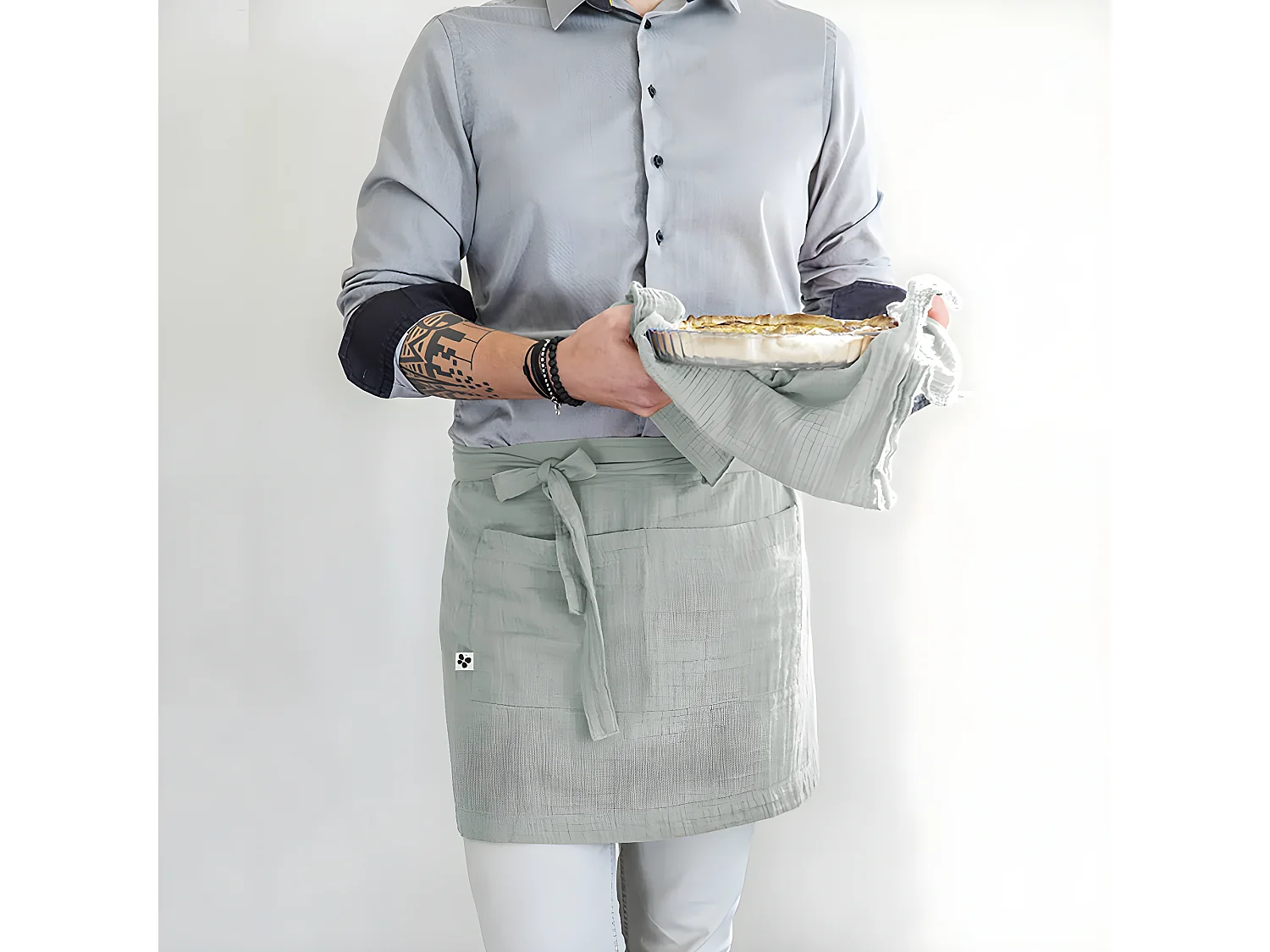 OUREA - Demi-Tablier avec Double Poche Gaze de Coton Eucalyptus