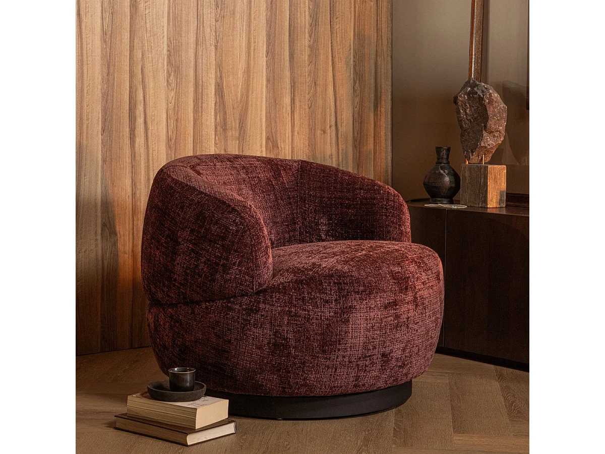 WOOLLY - Fauteuil en tissu chenille lie de vin pivotant
