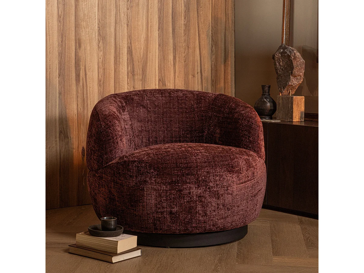 WOOLLY - Fauteuil en tissu chenille lie de vin pivotant