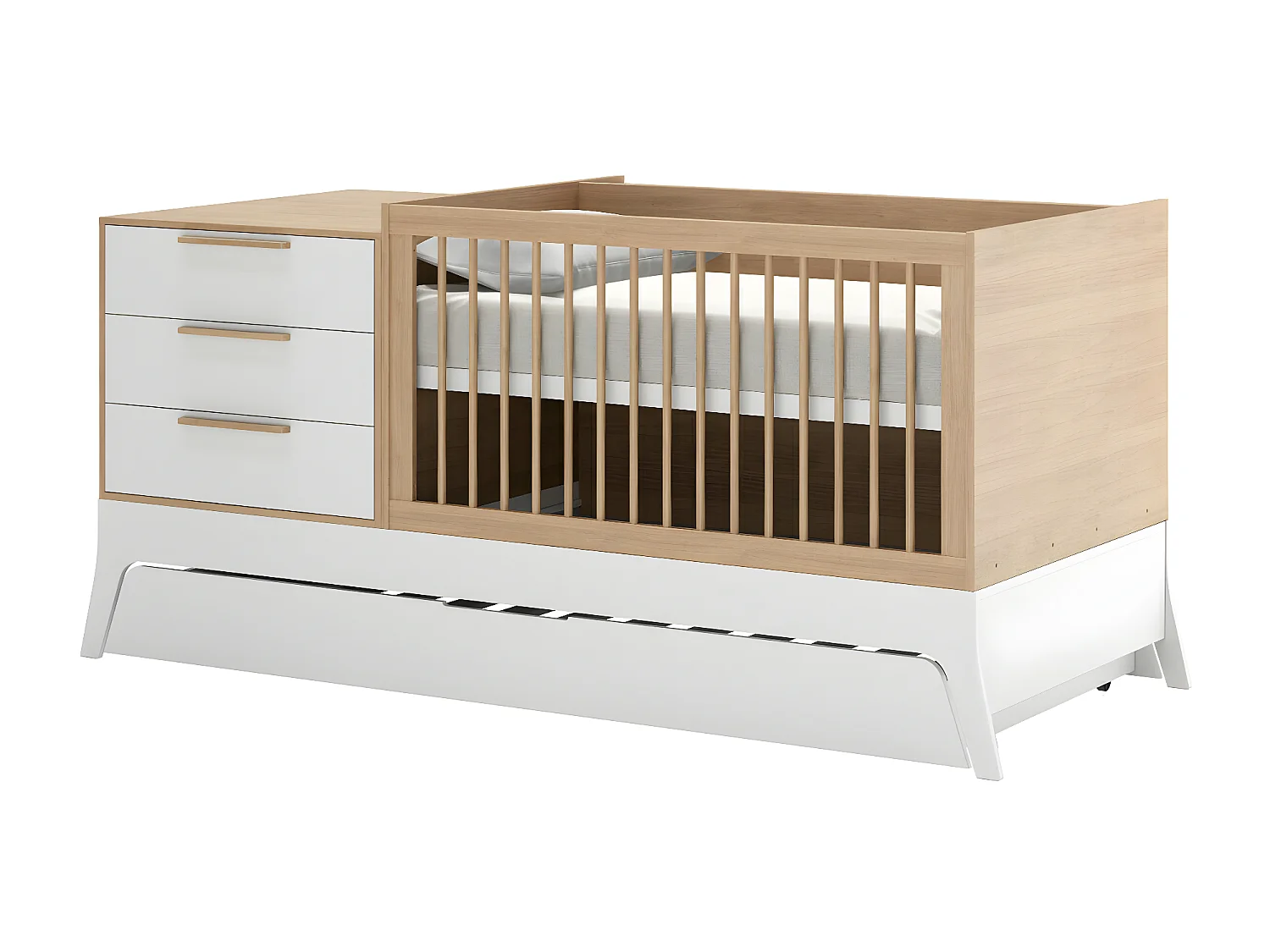 Pack lit bébé combiné et évolutif avec matelas 70x140 cm panneaux de fibres blanc et bois CHARLIE