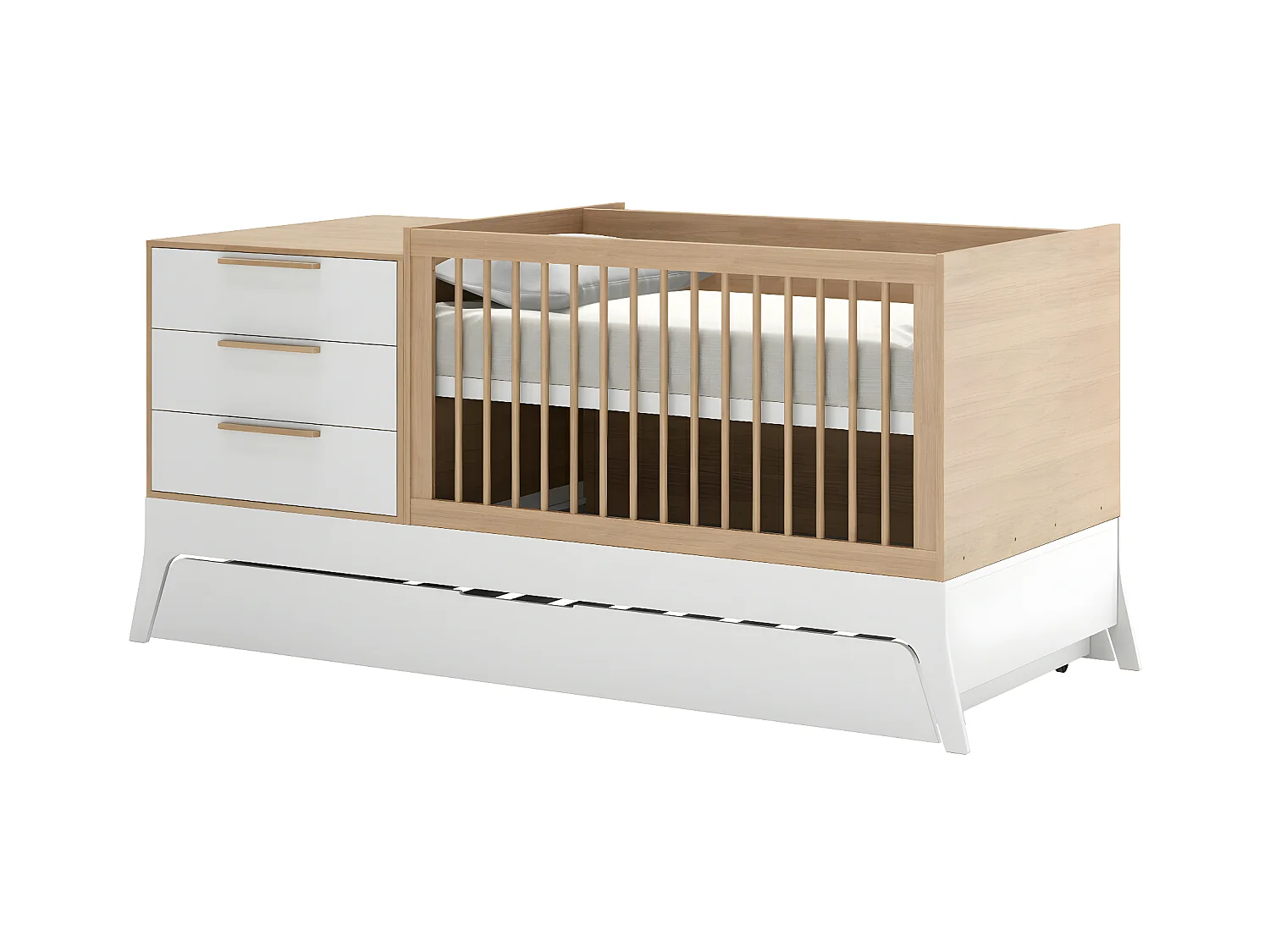 Pack lit bébé combiné et évolutif avec matelas 70x140 cm panneaux de fibres blanc et bois CHARLIE