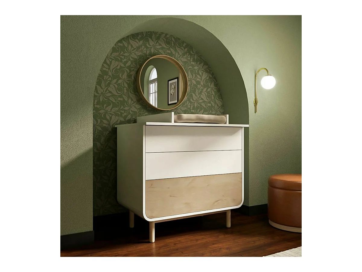 Commode à langer 3 tiroirs  panneaux de fibres blanc et bois SASHA
