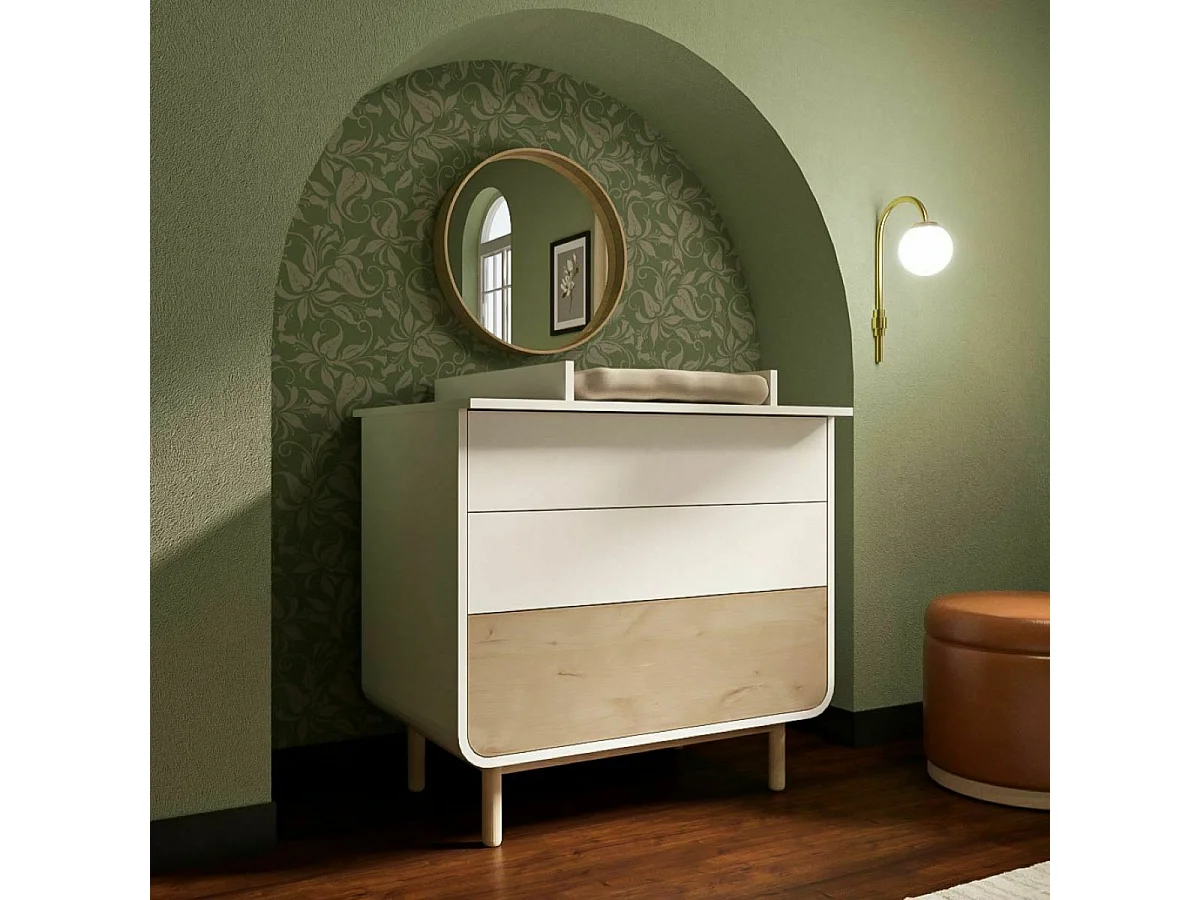 Commode à langer 3 tiroirs  panneaux de fibres blanc et bois SASHA