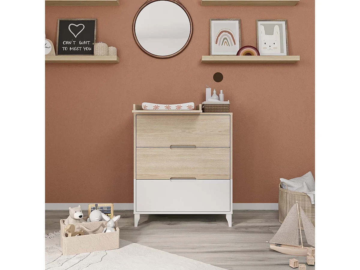 Commode à langer 3 tiroirs  panneaux de fibres blanc et bois DIXIE