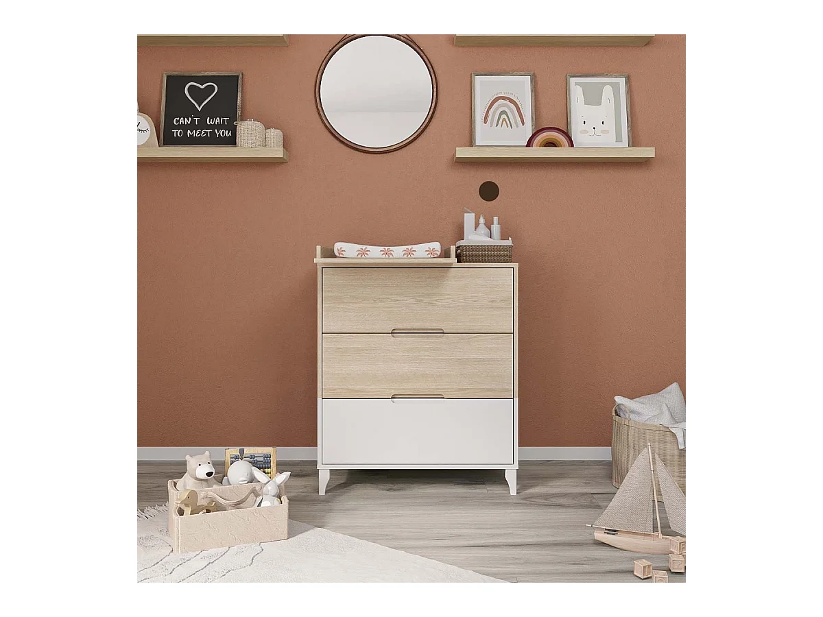 Commode à langer 3 tiroirs  panneaux de fibres blanc et bois DIXIE