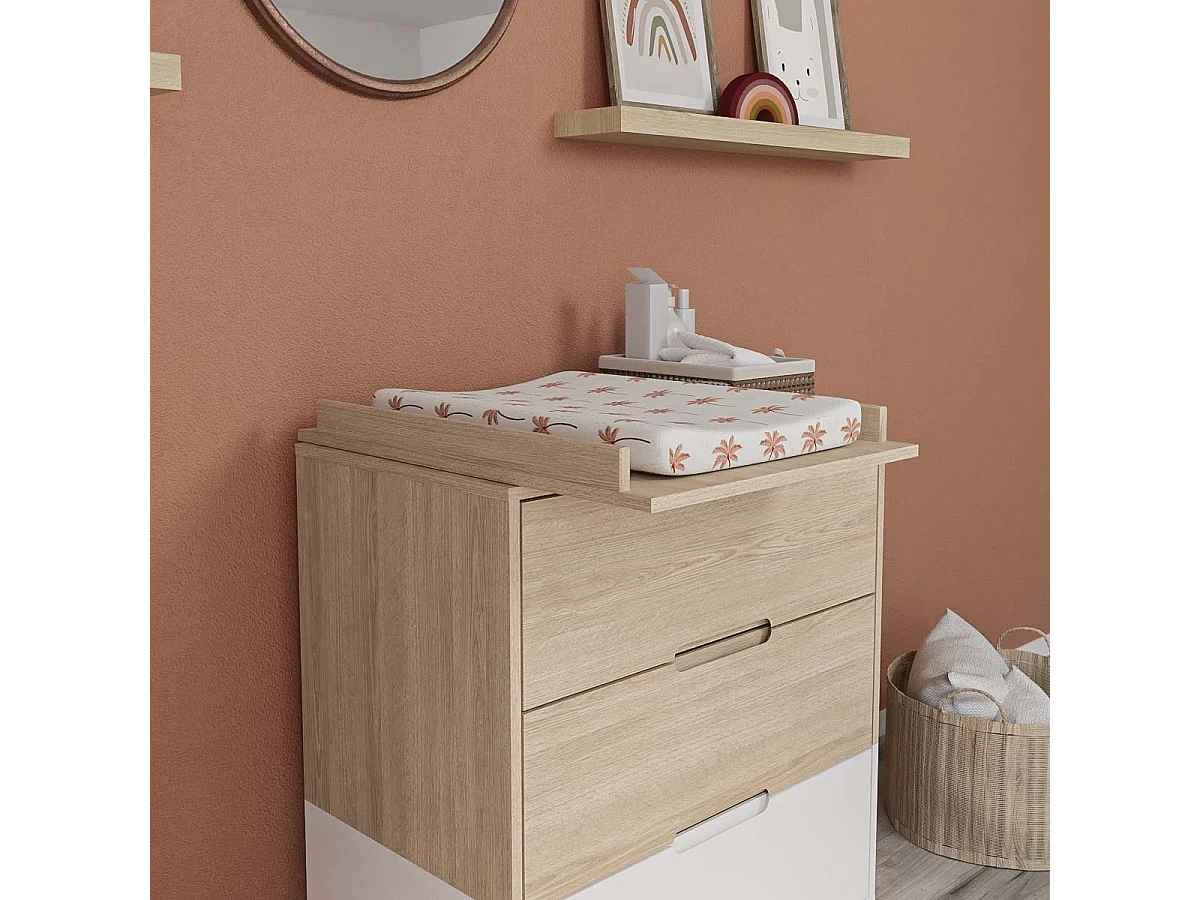 Commode à langer 3 tiroirs  panneaux de fibres blanc et bois DIXIE