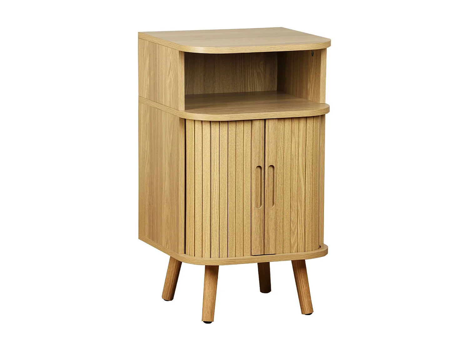 Table de chevet 2 portes coulissantes + 1 niche effet bois rainuré. L 40 x P 40 x H 70cm
