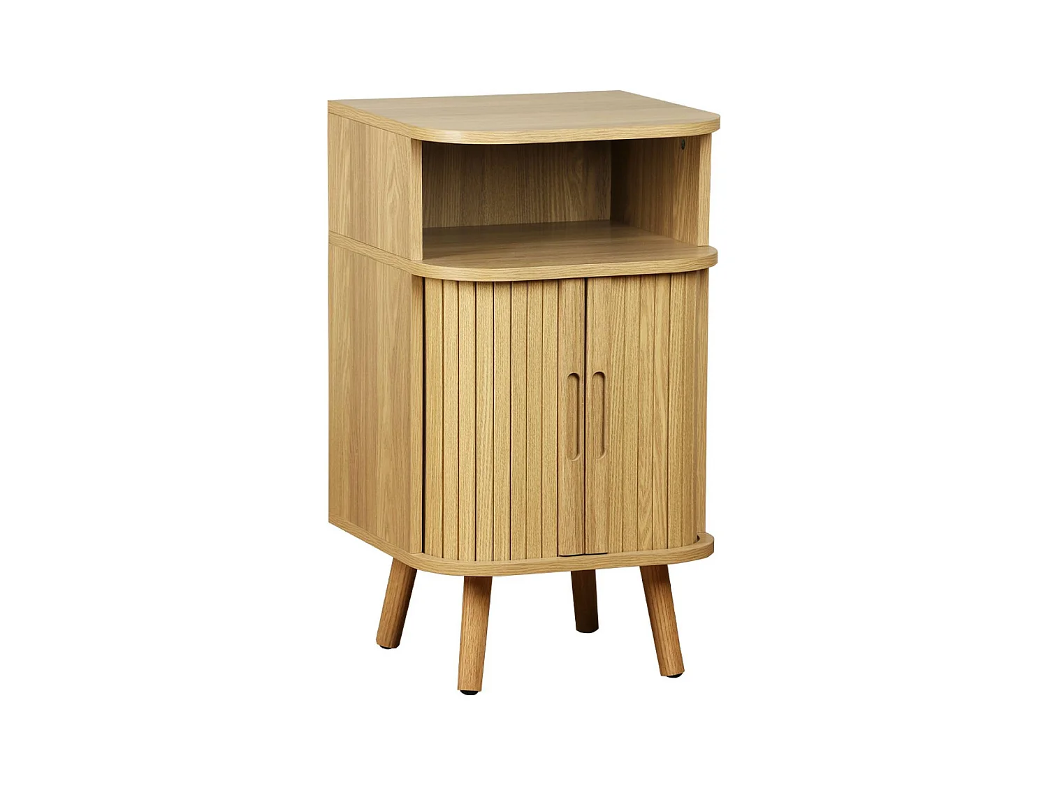 Table de chevet 2 portes coulissantes + 1 niche effet bois rainuré. L 40 x P 40 x H 70cm