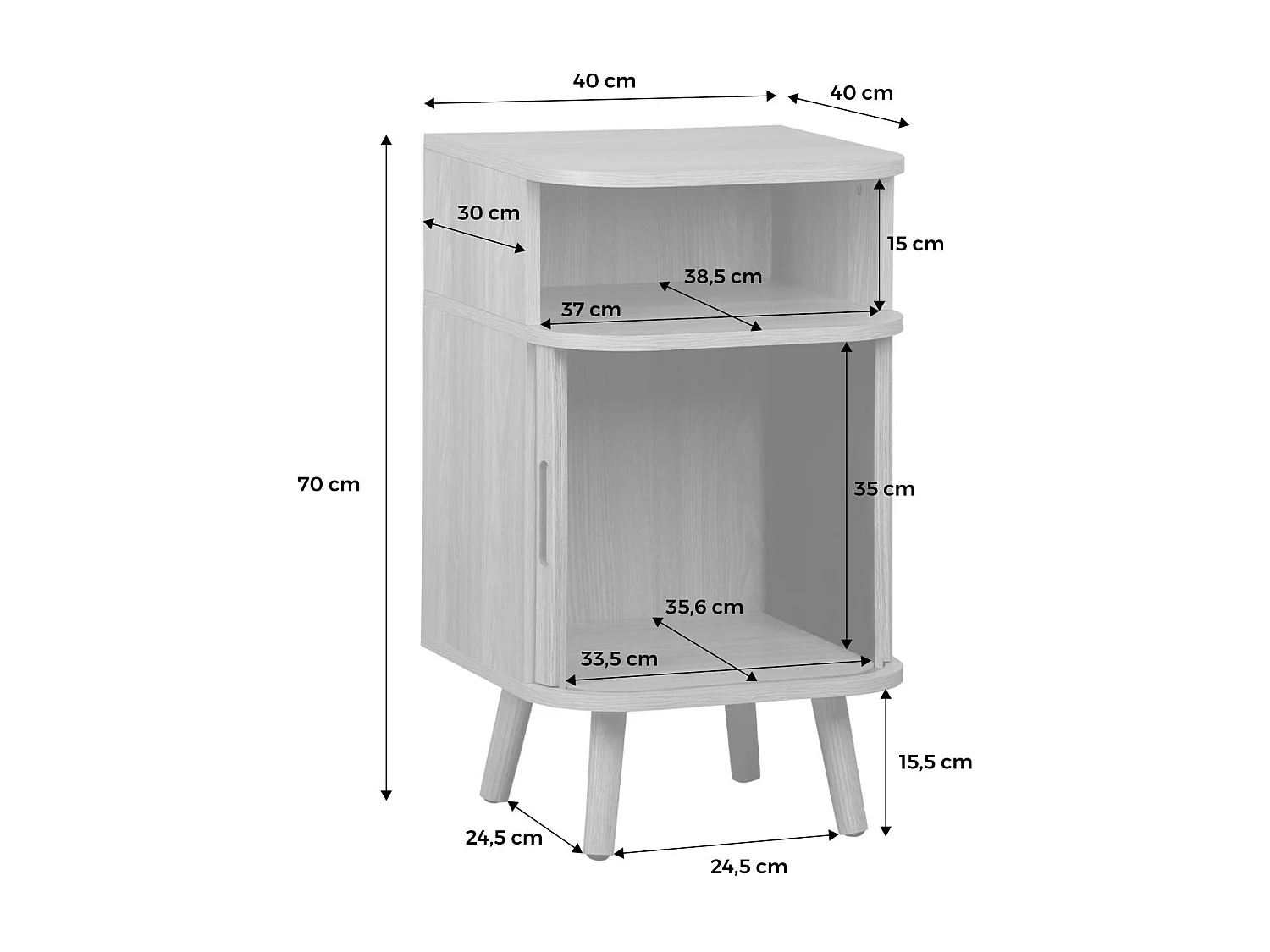 Table de chevet 2 portes coulissantes + 1 niche effet bois rainuré. L 40 x P 40 x H 70cm