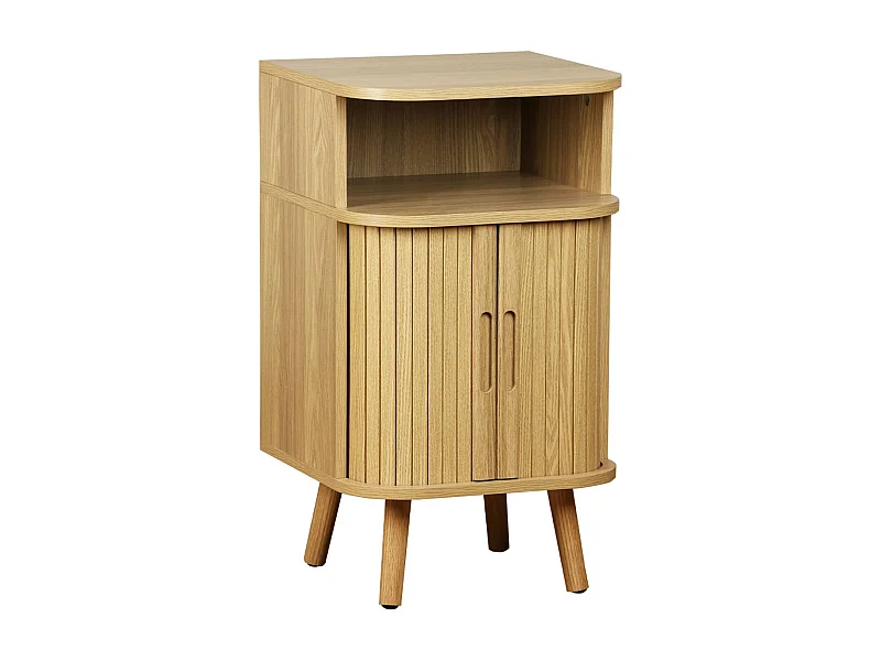 Table de chevet 2 portes coulissantes + 1 niche effet bois rainuré. L 40 x P 40 x H 70cm