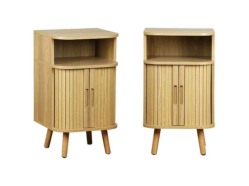 Lot de 2 tables de chevet 2 portes coulissantes + 1 niche effet bois rainuré. L 40 x P 40 x H 70cm