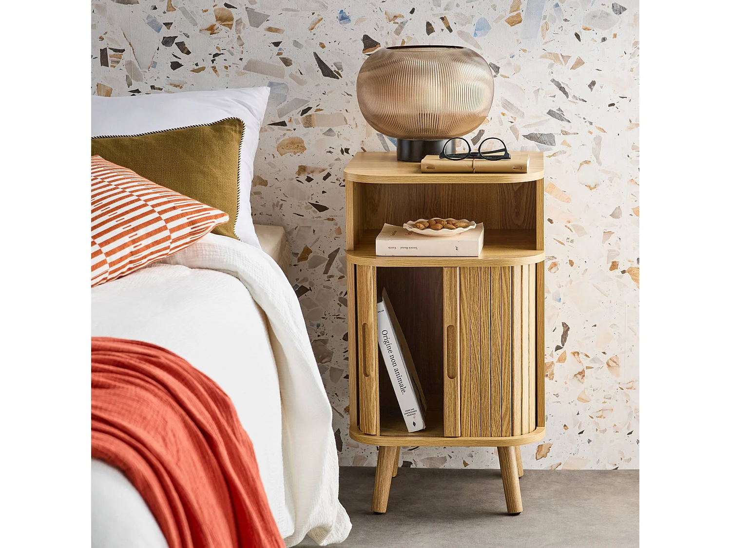 Set 2 comodini con 2 ante scorrevoli e 1 nicchia , marrone naturale