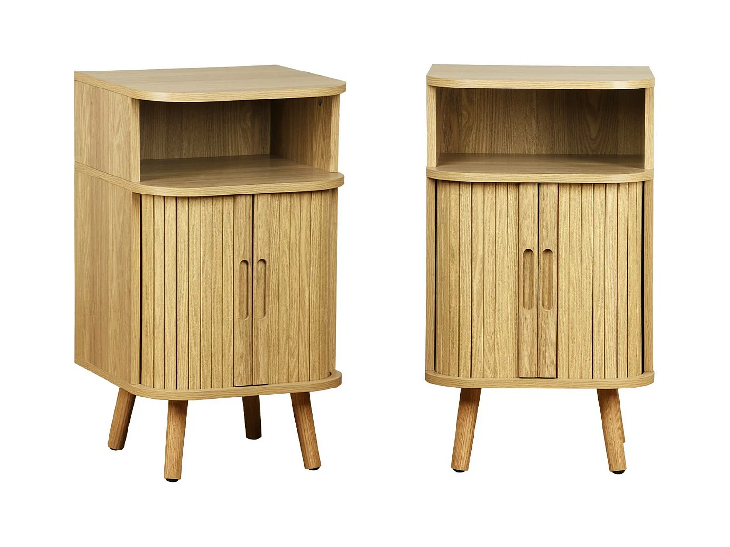 Lot de 2 tables de chevet 2 portes coulissantes + 1 niche effet bois rainuré. L 40 x P 40 x H 70cm