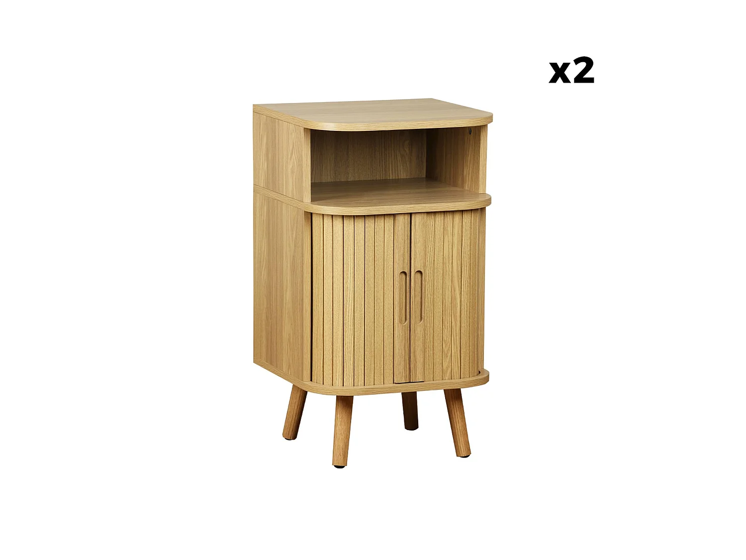 Lot de 2 tables de chevet 2 portes coulissantes + 1 niche effet bois rainuré. L 40 x P 40 x H 70cm