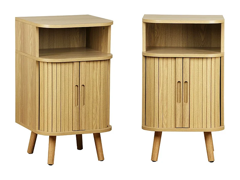 Lot de 2 tables de chevet 2 portes coulissantes + 1 niche effet bois rainuré. L 40 x P 40 x H 70cm