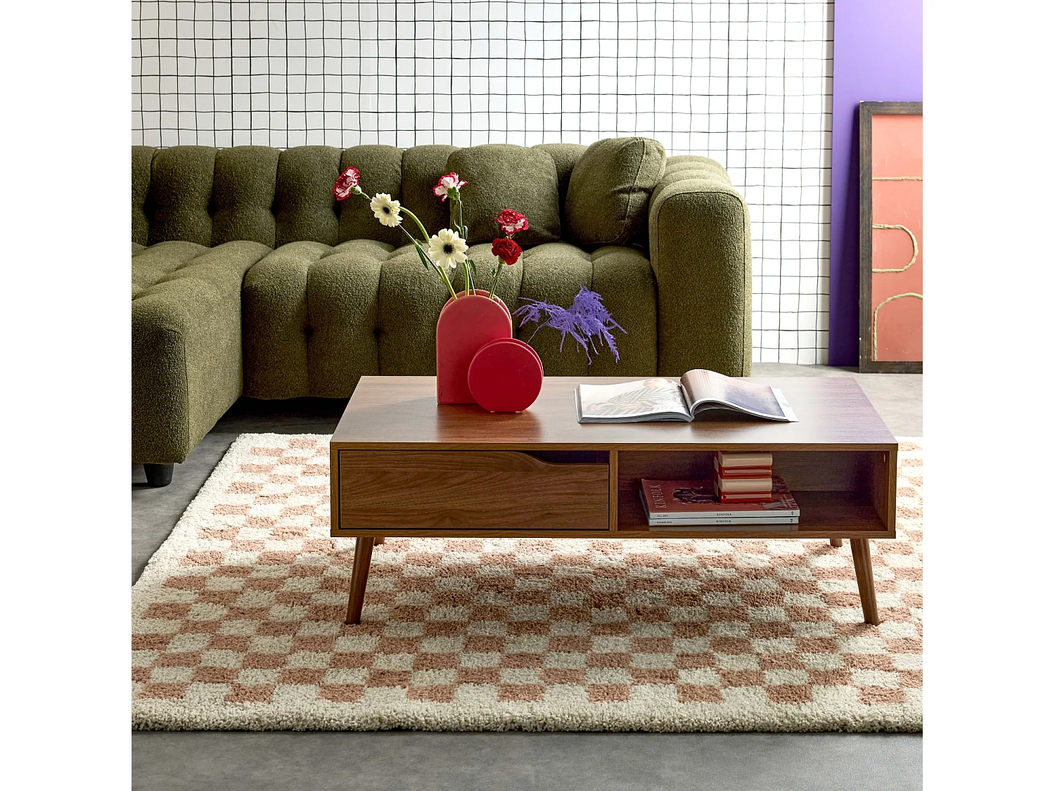 Table basse vintage décor bois de noyer