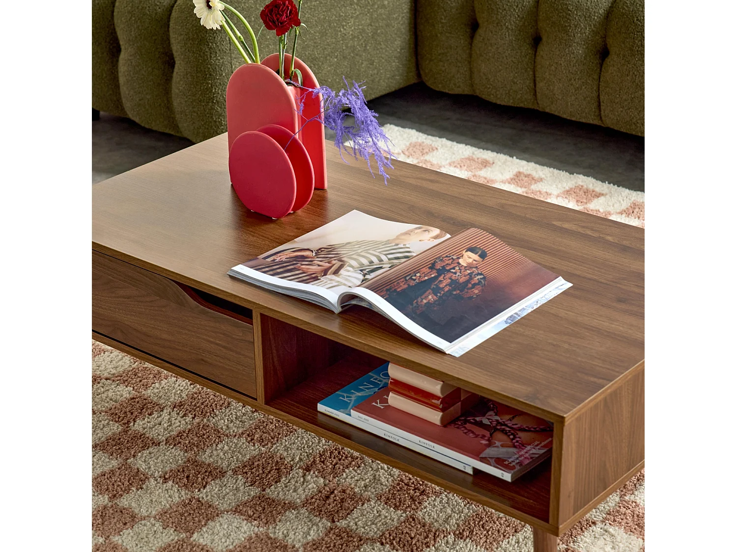 Table basse vintage décor bois de noyer