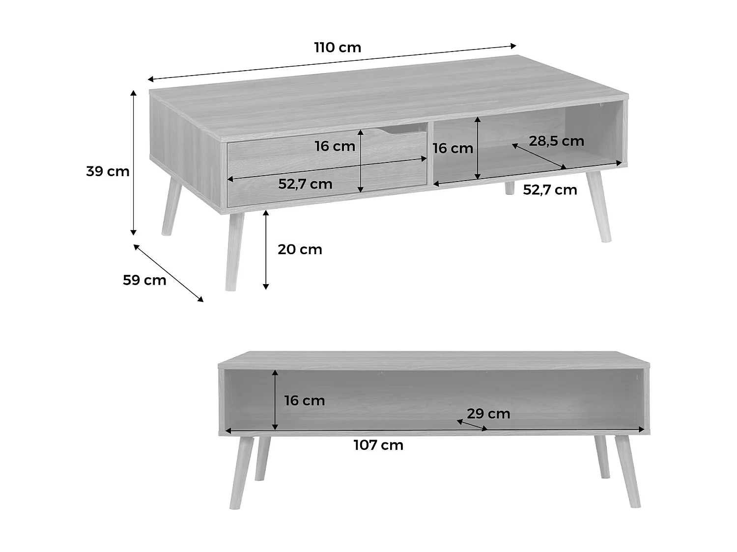 Table basse vintage décor bois de noyer
