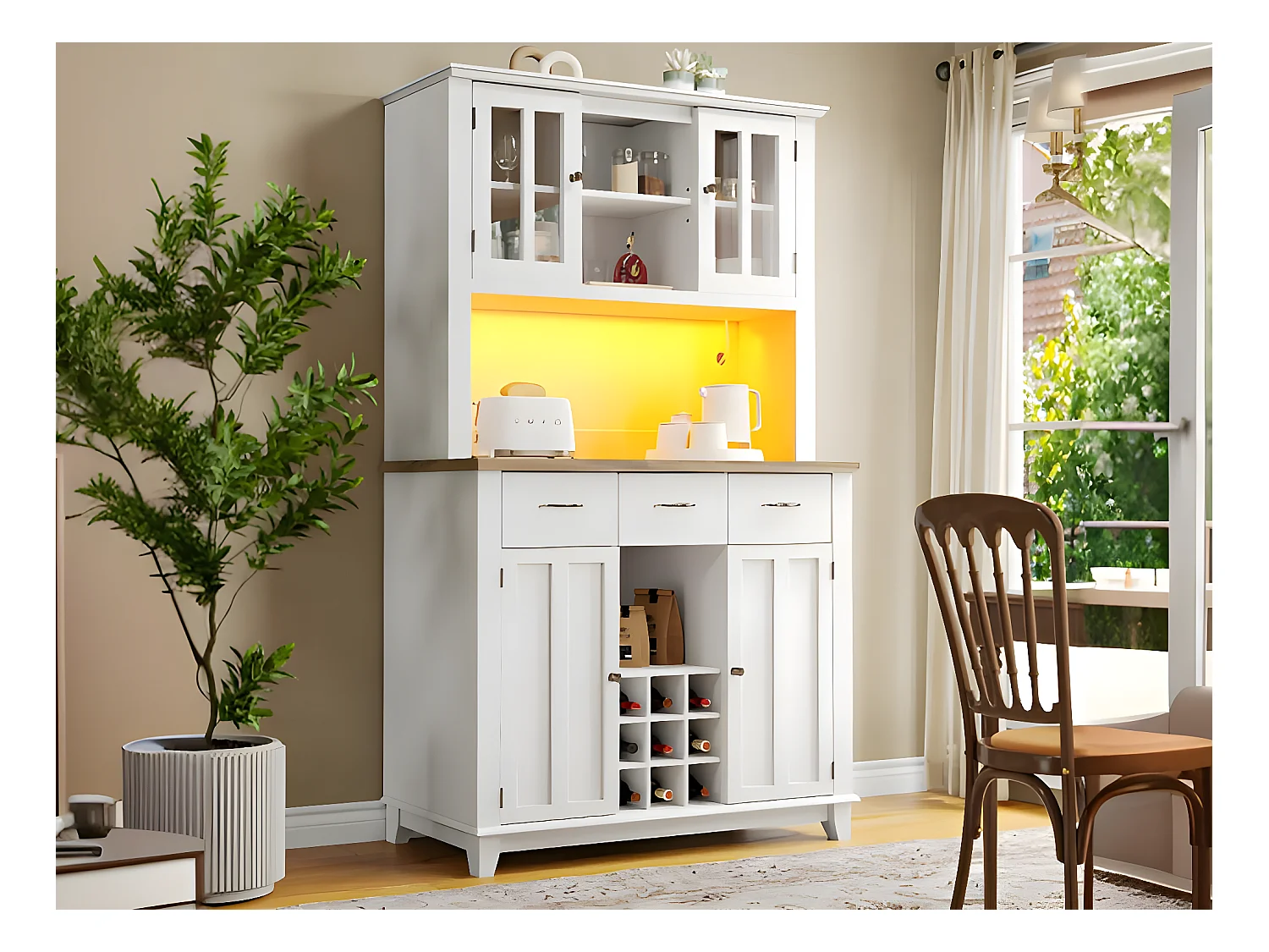 Vitrine、Buffet de cuisine avec LED - H 180cm - grand espace de rangement - Blanc