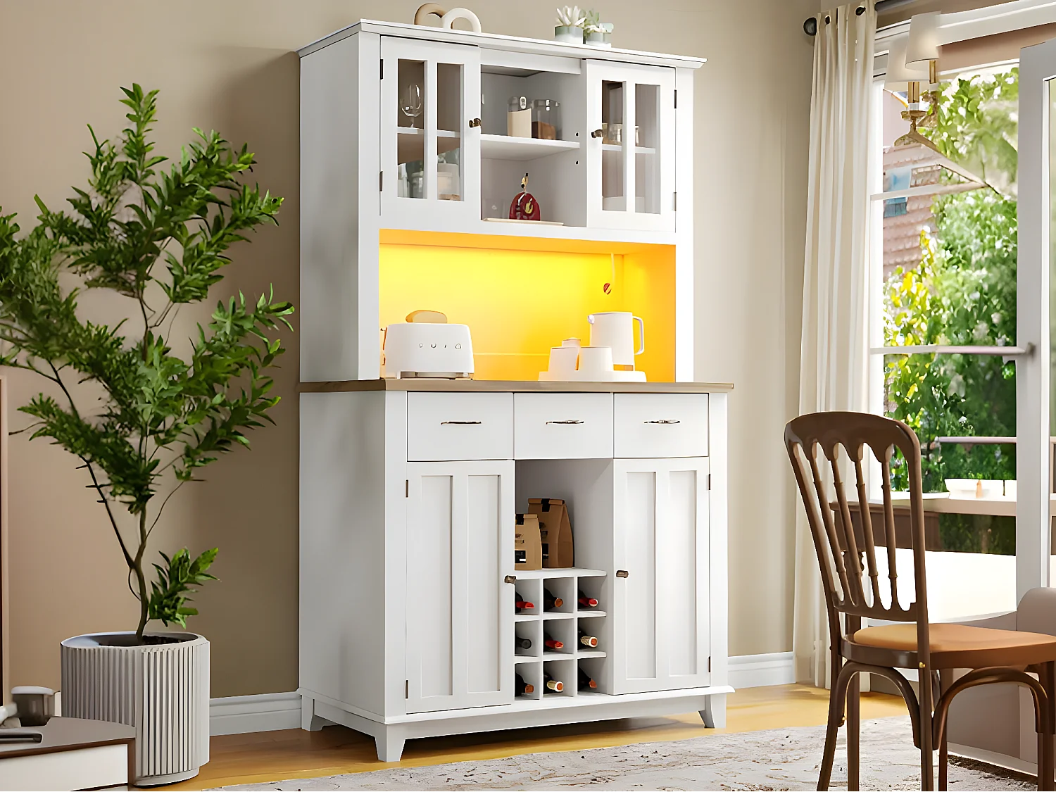 Vitrine、Keukendressoir met LED - H 180cm - grote opbergruimte - Wit