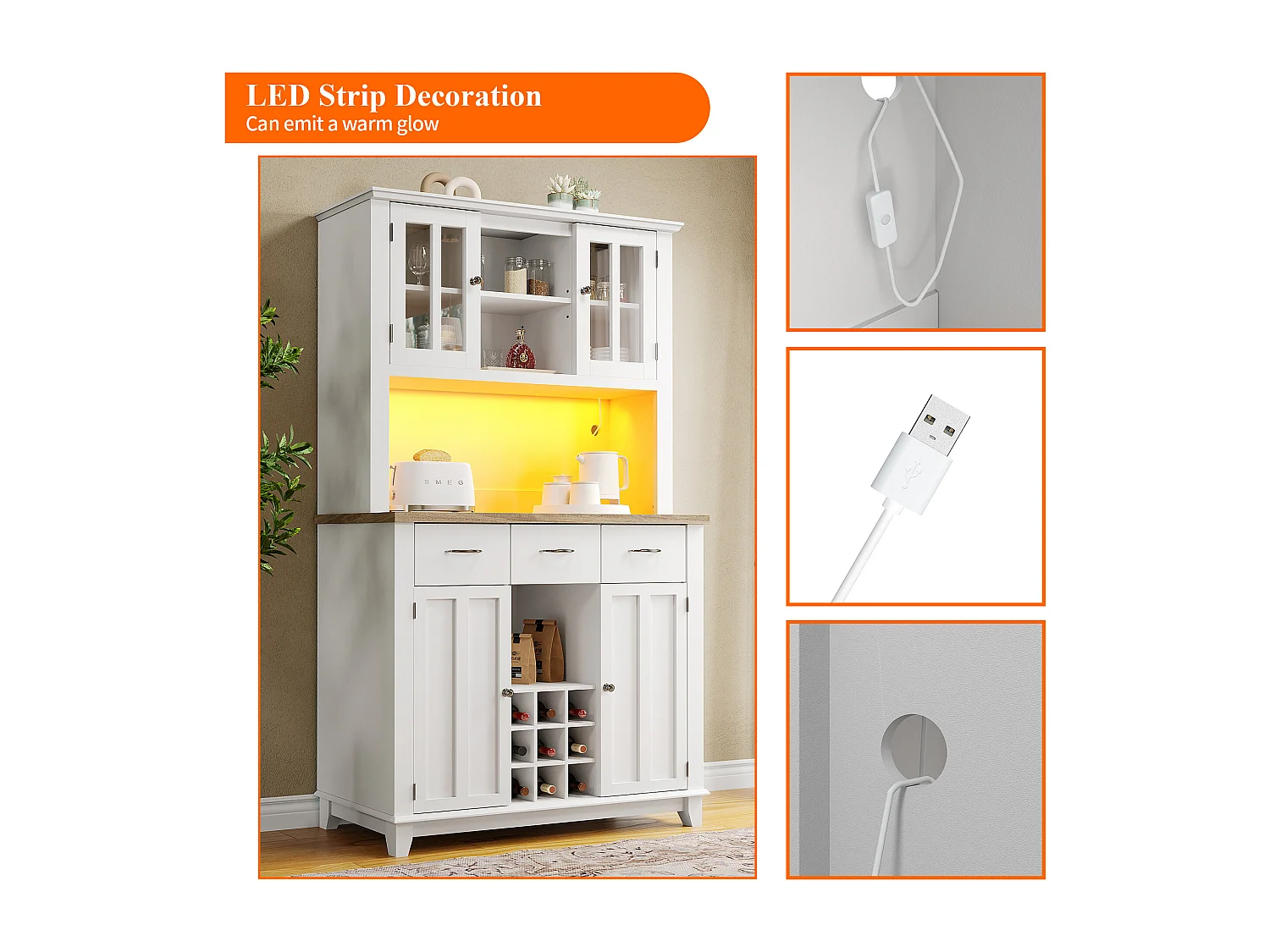 Vitrine、Keukendressoir met LED - H 180cm - grote opbergruimte - Wit