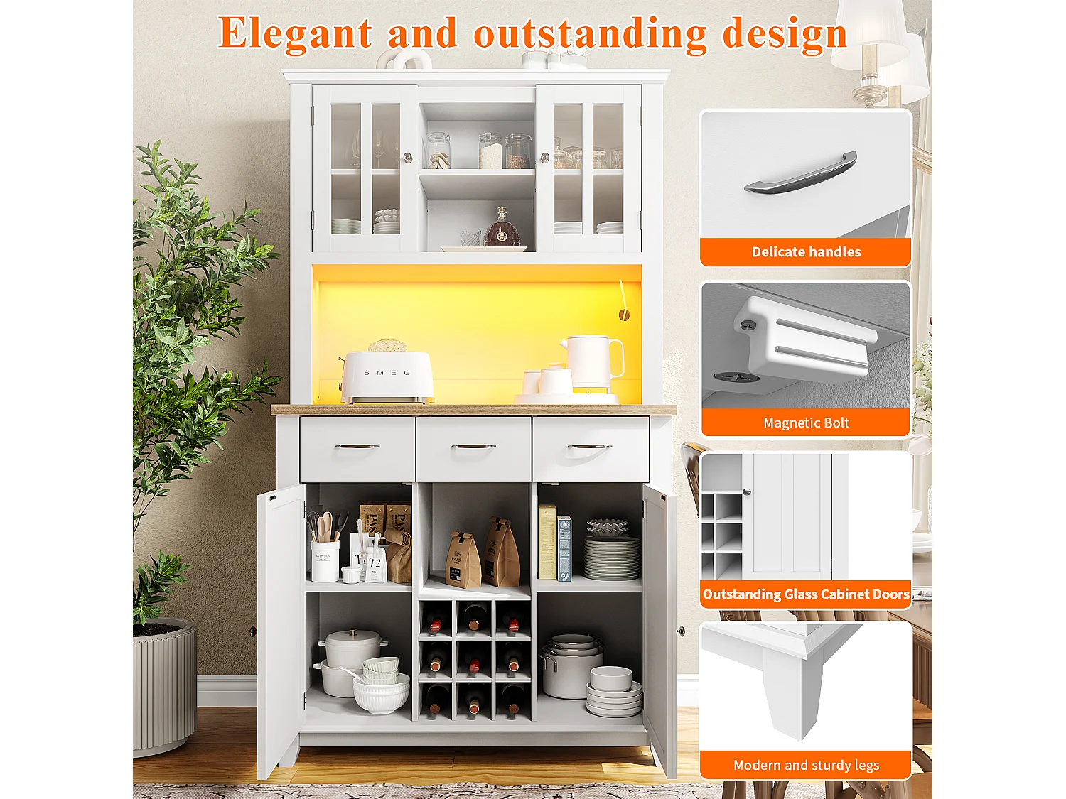 Vitrine、Keukendressoir met LED - H 180cm - grote opbergruimte - Wit