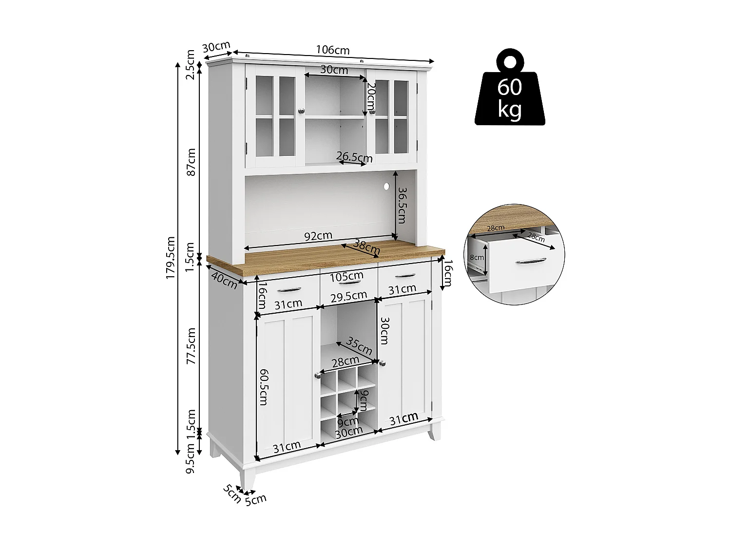 Vitrine、Keukendressoir met LED - H 180cm - grote opbergruimte - Wit