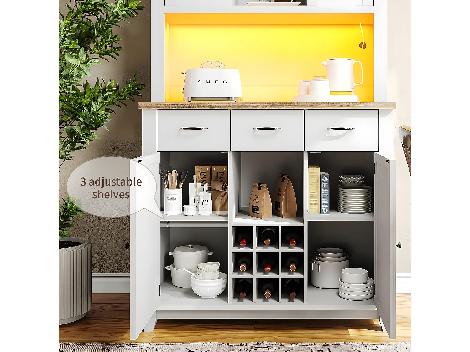 Vitrine、Keukendressoir met LED - H 180cm - grote opbergruimte - Wit