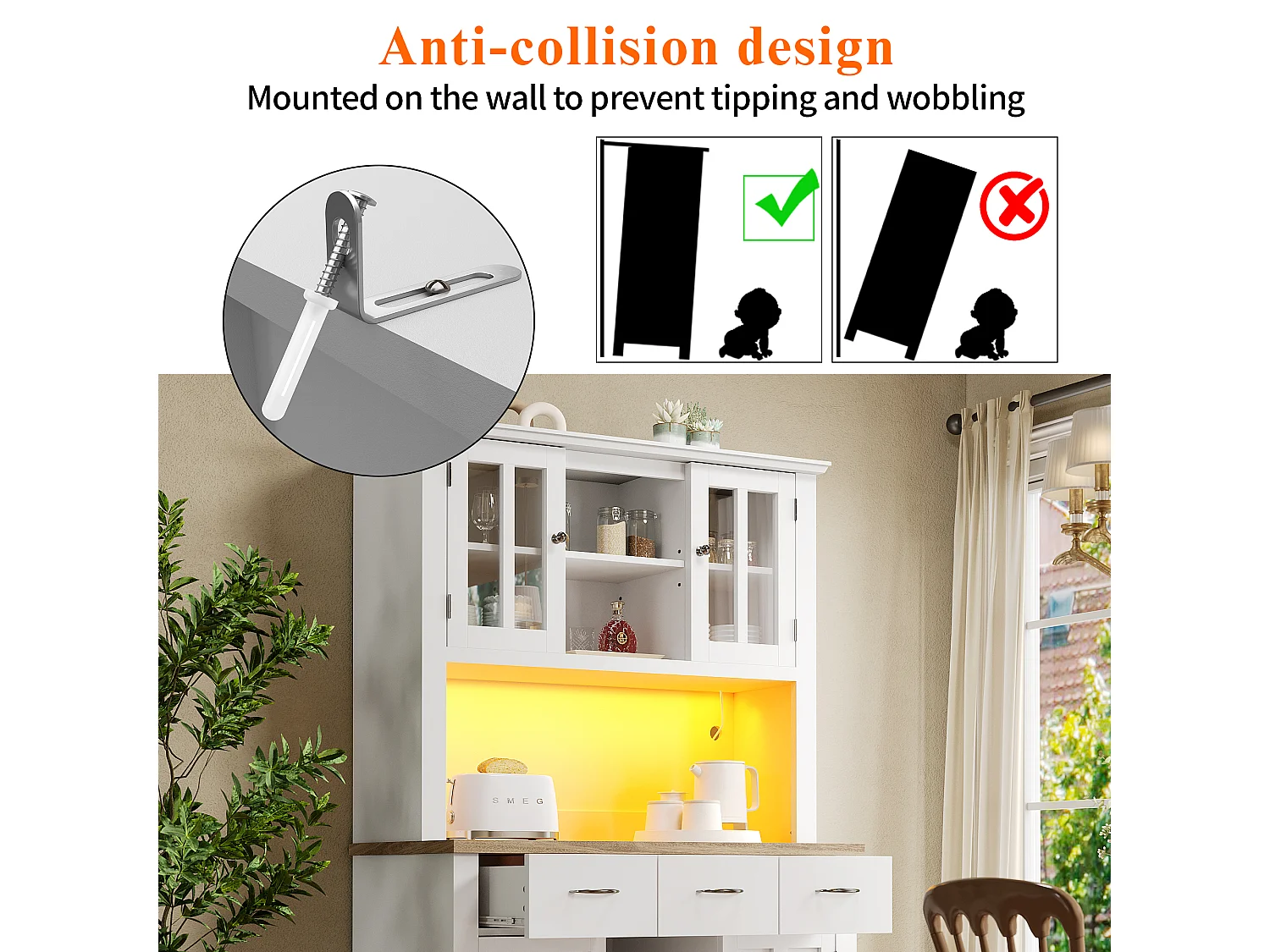 Vitrine、Keukendressoir met LED - H 180cm - grote opbergruimte - Wit