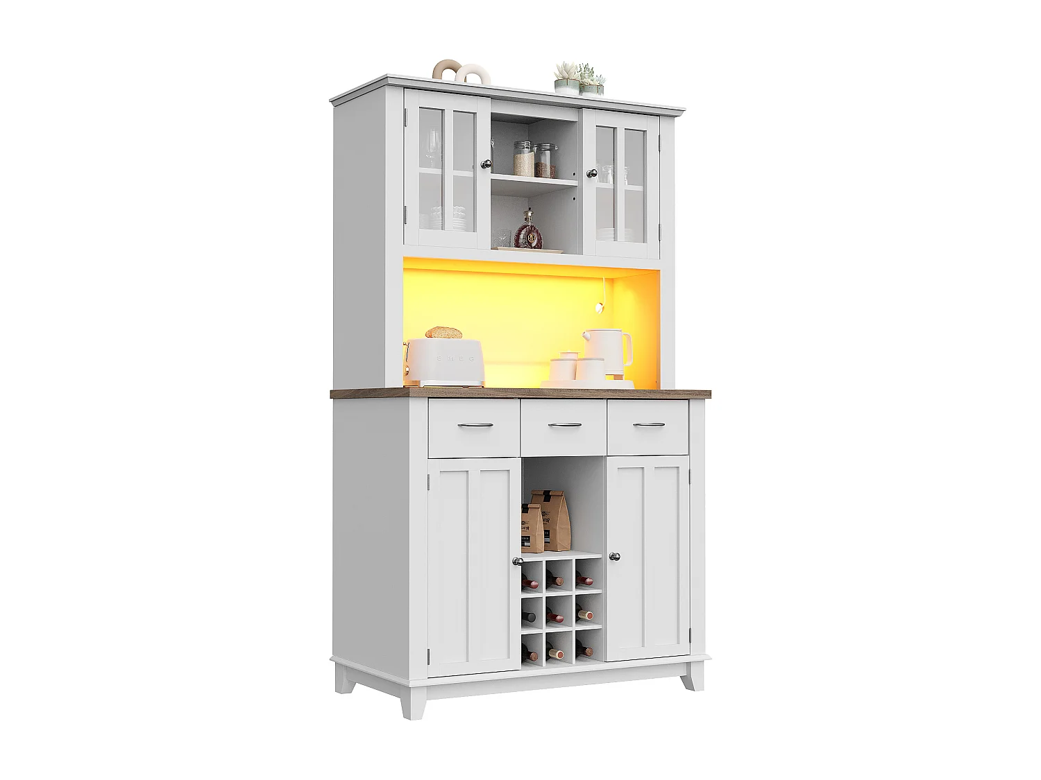 Vitrine、Keukendressoir met LED - H 180cm - grote opbergruimte - Wit