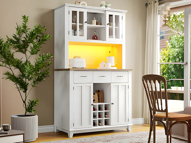 Vitrine、Keukendressoir met LED - H 180cm - grote opbergruimte - Wit