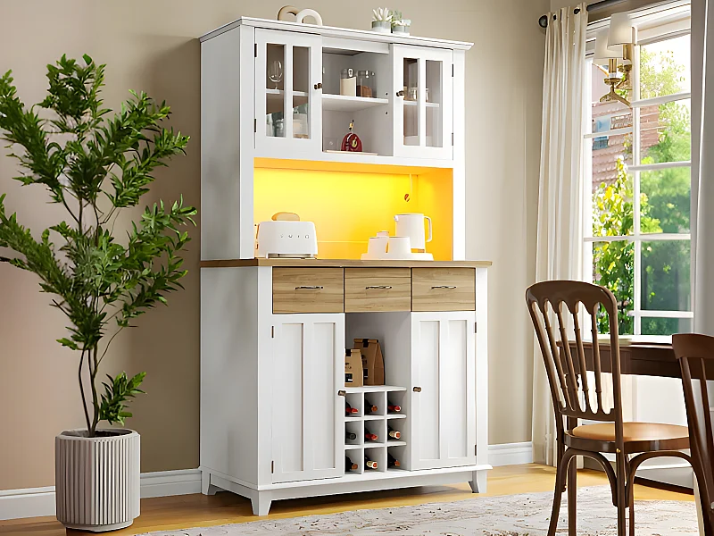 Vitrine、Buffet de cuisine avec LED - H 180cm - grand espace de rangement - Blanc & Naturel