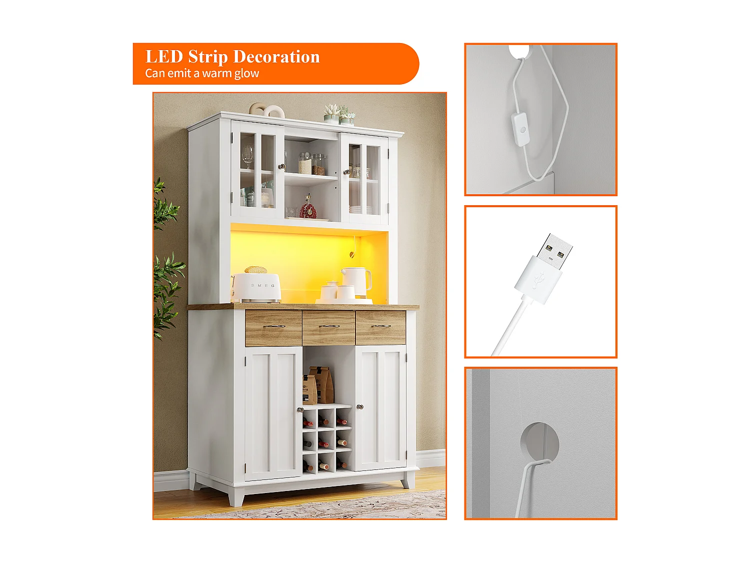 Vitrine、Aparador de cozinha com LED - A 180cm - grande espaço de arrumação - Branco e Natural